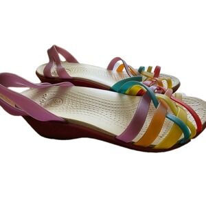 Crocs Isabella Huarache Rainbow Multi Color Strappy Slip On Sandals Womens 6